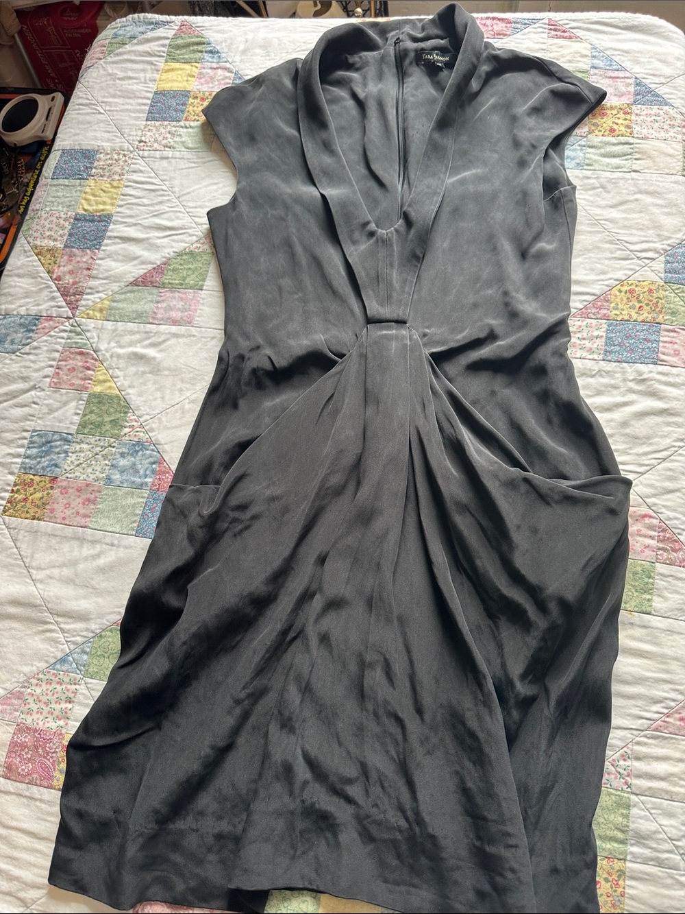 Z—Tara Jarmon SILK Charcoal Gray Twist-Waist Midi Dress